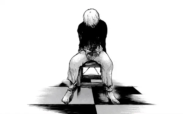 Tokyo Ghoul 5K Ultra HD desktop wallpaper: white-haired figure slumped on a chair in a black top and torn pants, stark monochrome art over a fragmented checkered floor.