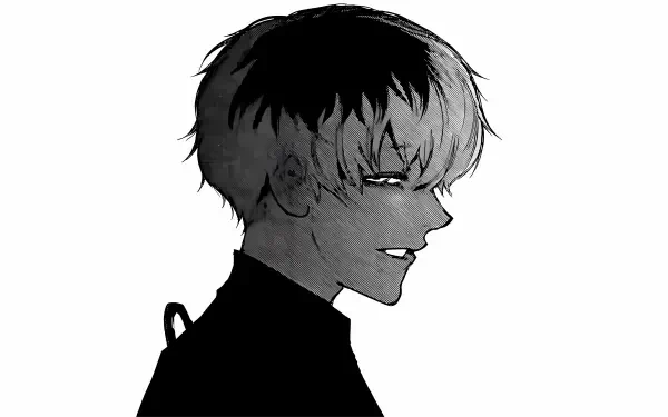 Monochrome profile of a Tokyo Ghoul:re character with two-tone hair and a subtle, sinister smile — 5K Ultra HD PC desktop wallpaper/background.