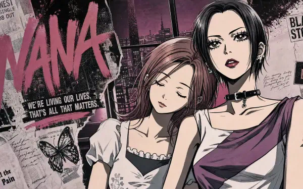 Nana anime 4K Ultra HD PC desktop wallpaper: two young women—one dark-haired with a choker, the other leaning on her shoulder—grungy city background with butterfly and large NANA logo.
