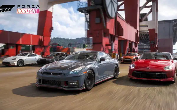 Forza Horizon 6 video game 4K Ultra HD PC desktop wallpaper/background: high-speed sports cars racing past red harbor cranes on a sunlit road.