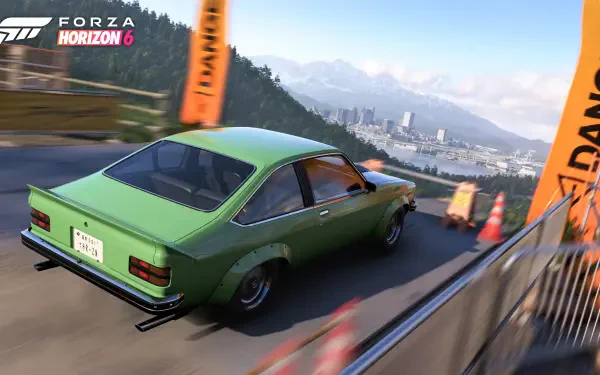 Forza Horizon 6 video game 4K Ultra HD PC desktop wallpaper and background — green classic car drifting on a mountain road past orange banners and cones with a distant city skyline.