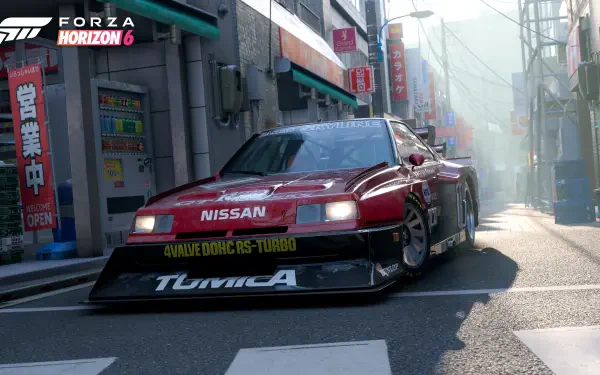 Forza Horizon 6 4K Ultra HD PC wallpaper: red Nissan race car on a sunlit, misty narrow city street with neon shop signs.