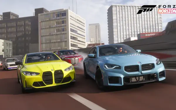 Forza Horizon 6 video game 4K Ultra HD PC desktop wallpaper — high-speed street race with blue and yellow BMWs tearing through a sunlit cityscape.