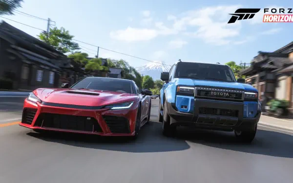 Forza Horizon 6 video game 4K Ultra HD PC desktop wallpaper: red sports car and blue off‑roader racing past traditional village houses toward snow‑capped mountains, Forza logo.