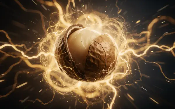 Close-up macadamia nut split open, radiating golden electric arcs and luminous sparks on a dark background — 4K Ultra HD PC Desktop Wallpaper and Background.