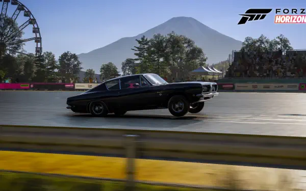 Forza Horizon 6 video game 4K Ultra HD PC desktop wallpaper: black classic muscle car racing on a sunlit track with ferris wheel, trees and a distant mountain.