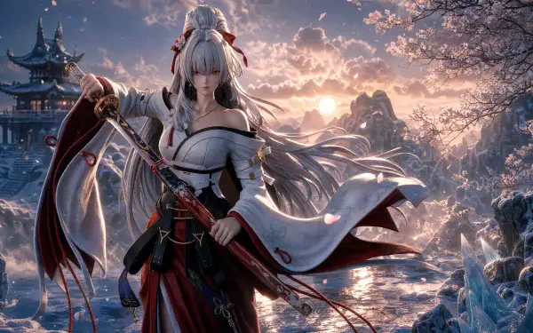Hiyuki (Wuthering Waves) in flowing white-and-red robes, blade drawn amid snowy pagodas at sunset — 4K Ultra HD PC desktop wallpaper and background.