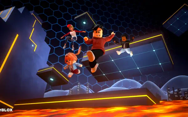 Roblox video game scene: four avatars leap across glowing platforms above molten lava in a neon hex-grid arena — 4K Ultra HD PC desktop wallpaper/background.