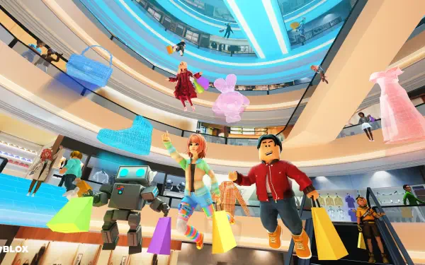 Vibrant Roblox video game scene of diverse avatars and robots shopping in a multi-level mall, rendered as a 4K Ultra HD PC desktop wallpaper and background.