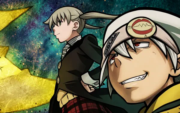 Soul Eater anime 5K UHD wallpaper: Soul Evans smirks in the foreground while Maka Albarn stands behind against a starry cosmic backdrop and stylized yellow moon.