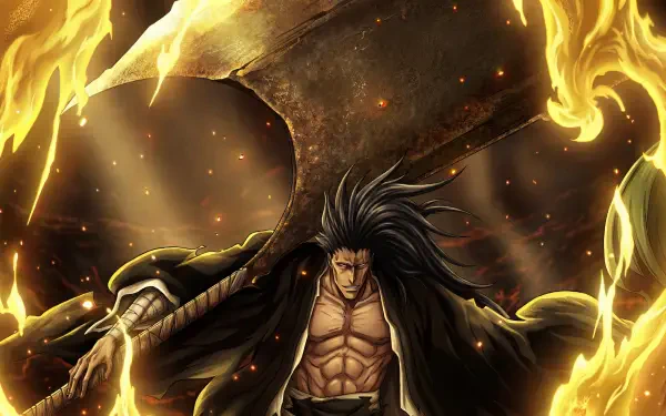 Kenpachi Zaraki (Bleach: Thousand-Year Blood War) anime 5K Ultra HD PC wallpaper: muscular, scarred warrior with long hair wielding a giant axe amid swirling golden flames.
