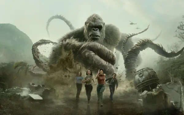 Monarch: Legacy of Monsters 4K Ultra HD PC desktop wallpaper and background — a colossal tentacled ape looming over four running survivors amid wreckage and aircraft.