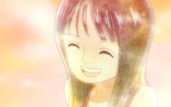 HD PC desktop wallpaper featuring Nico Robin from One Piece: anime-style close-up of her smiling with eyes closed, bathed in warm, glowing pastel light.