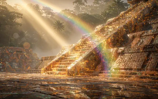 4K Ultra HD PC desktop wallpaper: sunlit ancient Maya pyramid and jungle ruins, golden beams and a vivid rainbow reflecting off wet stone terraces.