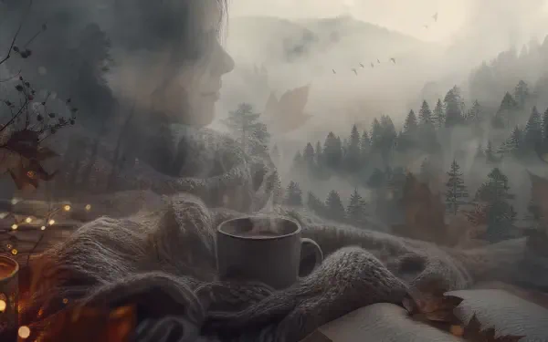 Cozy knit sweater and steaming mug on a windowsill overlooking misty pine mountains and flying birds — 4K Ultra HD PC desktop wallpaper evoking sweater weather.