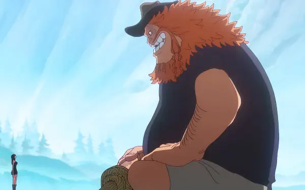 One Piece 4K PC desktop wallpaper: giant Jaguar D. Saul sits on a snowy shore smiling while Nico Robin stands nearby under a glowing blue sky.