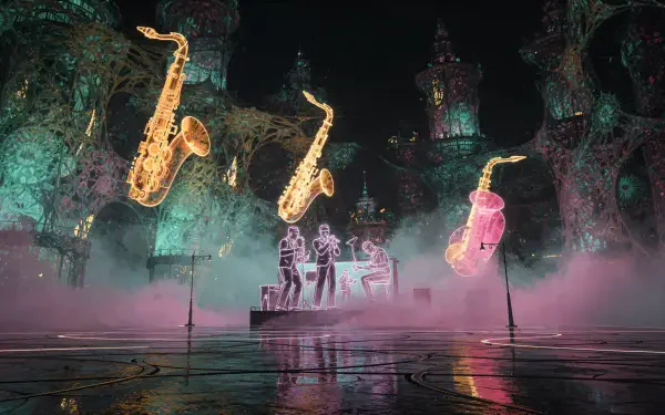 Vaporjazz 4K Ultra HD PC desktop wallpaper: neon vaporwave jazz scene with glowing floating saxophones and a silhouetted trio on a misty, reflective cavern stage.