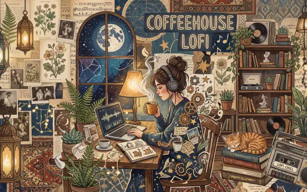 Cozy coffeehouse lofi scene: person with headphones at a cluttered desk with laptop, books, plants and cat by a moonlit window — 5K Ultra HD PC wallpaper.