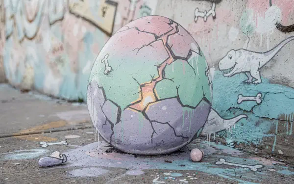 Cracked pastel dinosaur egg street art against a graffiti wall, rendered as a 4K Ultra HD PC desktop wallpaper and background.