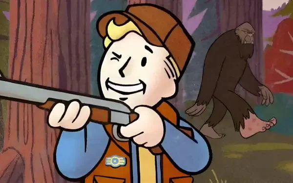 Vault Boy winking and aiming a shotgun in a forest while a Bigfoot-like figure flees — Fallout 76 video game Fallout HD PC desktop wallpaper/background.