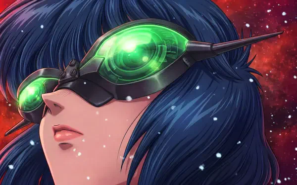 Cyberpunk anime portrait of Motoko Kusanagi from The Ghost in the Shell 2026 — blue-haired waifu with a glowing green visor, 5K Ultra HD PC desktop wallpaper with a starry red nebula backdrop.