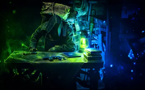 4K Ultra HD PC desktop wallpaper/background of the Merchant (Resident Evil) hunched over a cluttered workbench, green-blue neon light illuminating weapons and supplies.