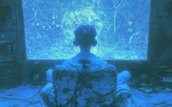 Sci‑fi nostalgia 2K Quad HD PC desktop wallpaper: lone figure with headphones and tangled cables sits facing a cracked, glowing blue screen in a retro‑futuristic room.
