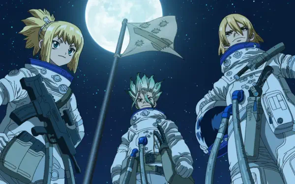HD PC desktop wallpaper of Dr. Stone anime: Kohaku, Senku Ishigami, and Ryusui Nanami in white space suits standing by a planted flag beneath a full moon.