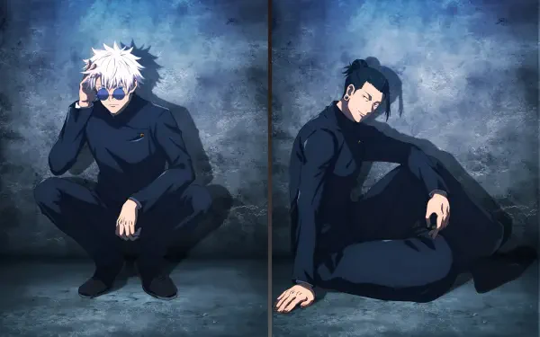 2K Quad HD Jujutsu Kaisen PC wallpaper: Satoru Gojo (white hair, sunglasses) and Suguru Geto in dark outfits seated against a moody blue-gray textured wall.