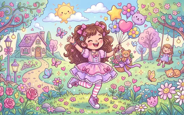 Girly 5K Ultra HD PC desktop wallpaper: pastel fairy-tale meadow with a smiling girl in a frilly dress holding heart balloons, surrounded by flowers, playful pets and cottages.