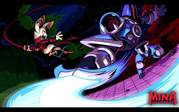 Video game HD PC desktop wallpaper and background: Minna The Hollower — armored hero slashes an energy trail across a night sky while a masked mouse leaps.