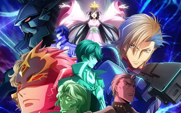 Vibrant 4K Ultra HD PC desktop wallpaper from Anime Code Geass: Rozé Of The Recapture — ensemble of characters with a looming Knightmare Frame against a cosmic blue backdrop.