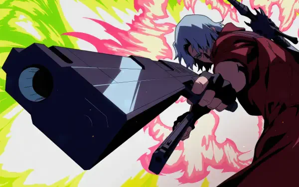 Devil May Cry (2025) Devil May Cry 4K Ultra HD PC desktop wallpaper: blue‑haired Dante wielding a massive sword‑gun, posed against a vivid neon explosion backdrop.