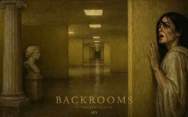 Backrooms — 4K Ultra HD PC desktop wallpaper/background: dim yellow endless corridor lined with classical busts, a terrified woman pressed against the wall.