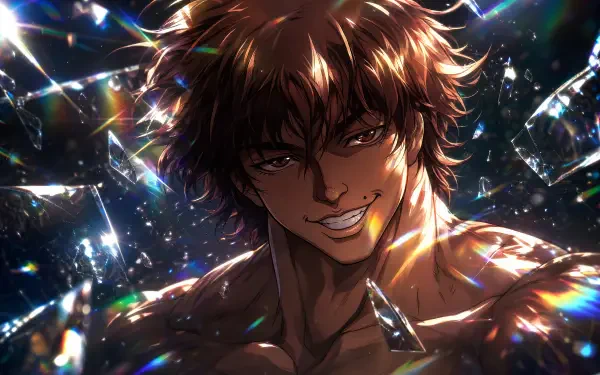 Baki Hanma grinning fiercely amid shattered glass, muscular torso lit by prismatic highlights — 4K Ultra HD PC desktop wallpaper and background.