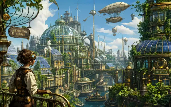 Solarpunk 4K Ultra HD PC desktop wallpaper and background: verdant glass-domed city with rooftop gardens, wind turbines, airships and canals, a person on a balcony observing the scene.