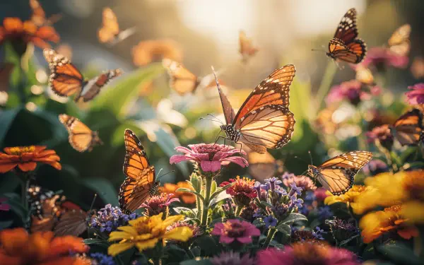 4K Ultra HD PC desktop wallpaper/background: vibrant butterfly garden with orange monarchs fluttering over colorful zinnias and sunlit blooms.