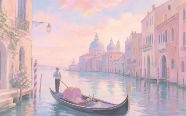 4K Ultra HD PC desktop wallpaper: pastel Venice canal at dawn, a gondola glides by domed basilica and pink palazzi reflected in calm water.