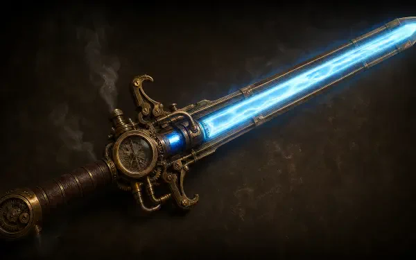 4K Ultra HD PC desktop wallpaper of an ornate steampunk hilt energy sword with a glowing blue plasma blade on a dark textured background.