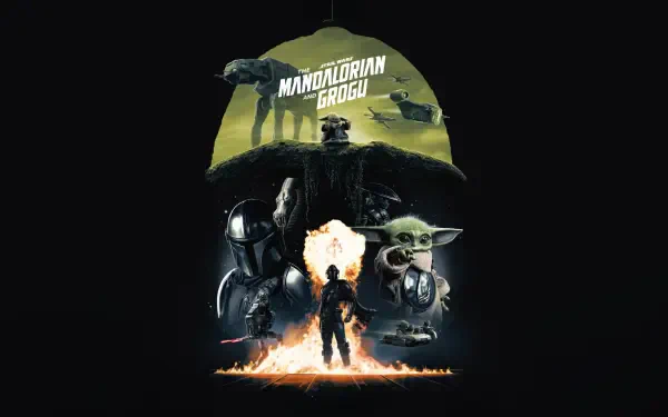 5K Ultra HD PC desktop wallpaper and background showcasing The Mandalorian & Grogu in a dramatic montage: armored Mandalorian, Grogu at his side, and a fiery silhouette on black.