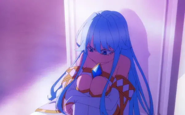 HD PC wallpaper of Elfaria Alvis Serholt from Wistoria: Wand and Sword — blue-haired anime elf in ornate white armor with a central blue gem, leaning against a purple-lit wall