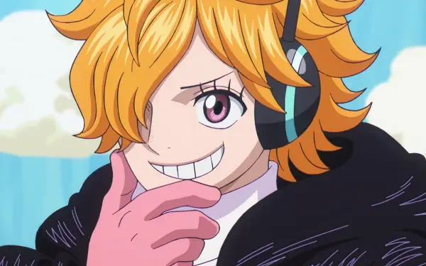 Lilith (One Piece) anime HD PC desktop wallpaper: orange-haired smirking character with headset and pink glove, hand to chin, wearing dark coat against a bright blue sky background.