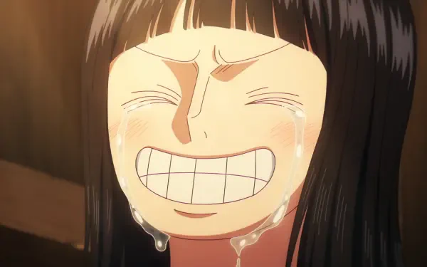 HD PC desktop wallpaper: close-up anime portrait of One Piece's Nico Robin with a forced toothy grin and tears streaming down her cheeks.
