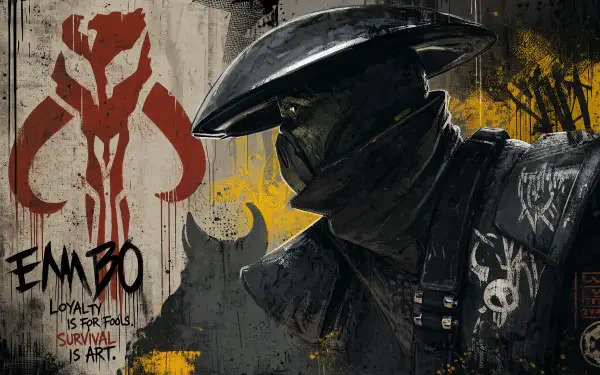 Embo (Star Wars) in a dark cloak and wide-brimmed hat against a graffiti-style background with Mandalorian skull emblem — 4K Ultra HD PC desktop wallpaper/background.