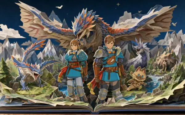 Monster Hunter Stories 3: Twisted Reflection 4K Ultra HD PC desktop wallpaper and background showing two armored riders with colorful wyverns and a Palico over a pop-up book mountain scene.