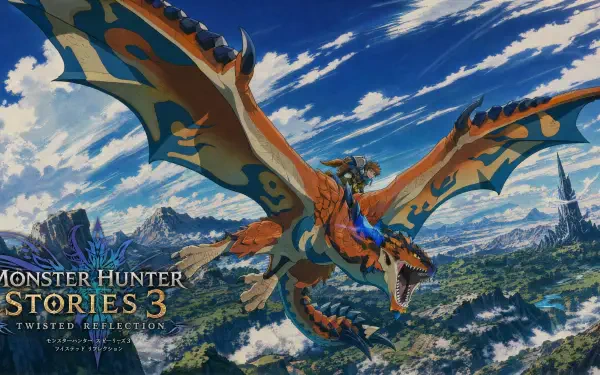 4K Ultra HD PC desktop wallpaper and background for Monster Hunter Stories 3: Twisted Reflection — an orange wyvern soars over a vast fantasy landscape; video game Monster Hunter artwork.