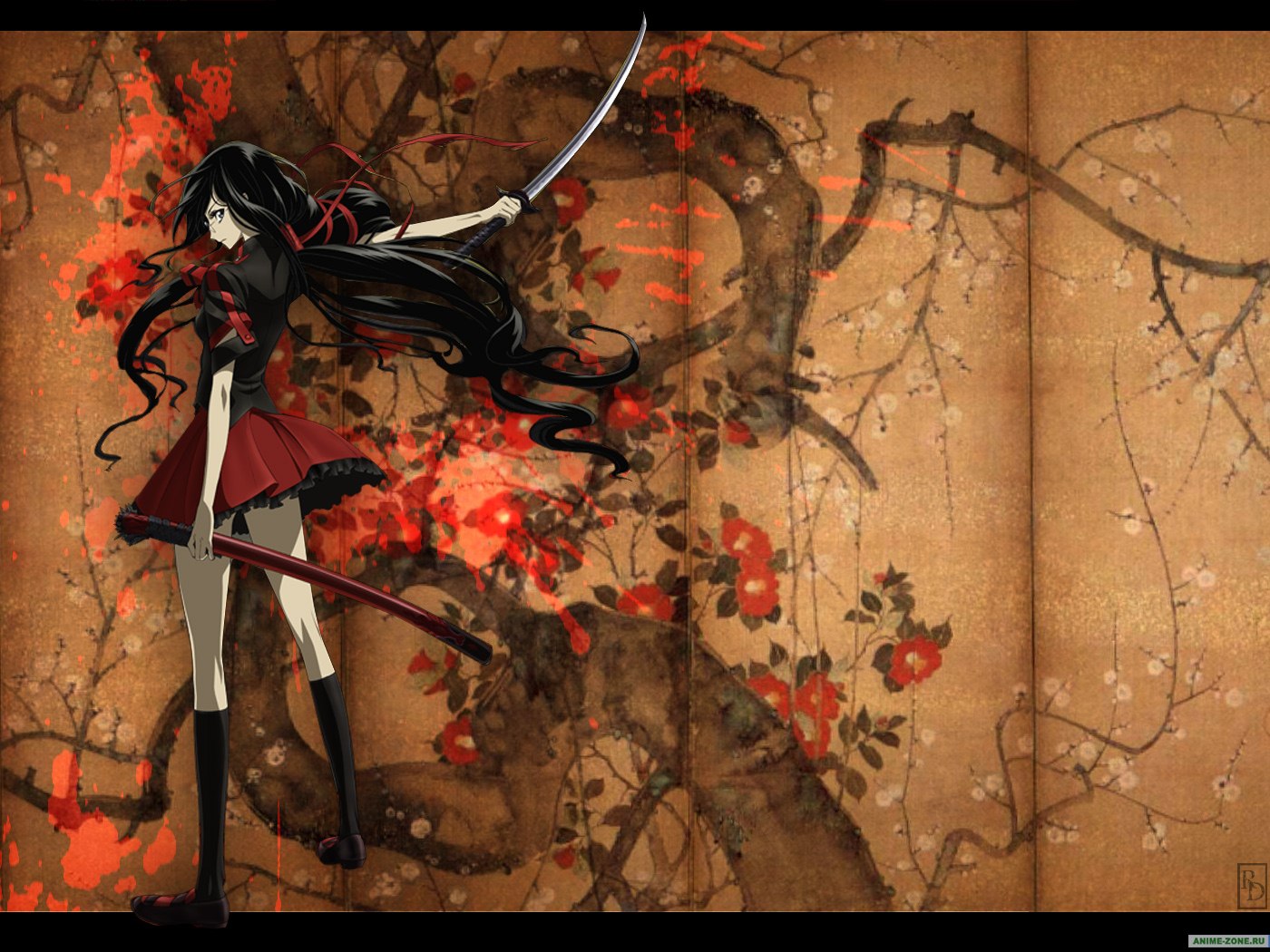Dark-haired anime character with a sword and blood splatters, possibly Saya Kisaragi.