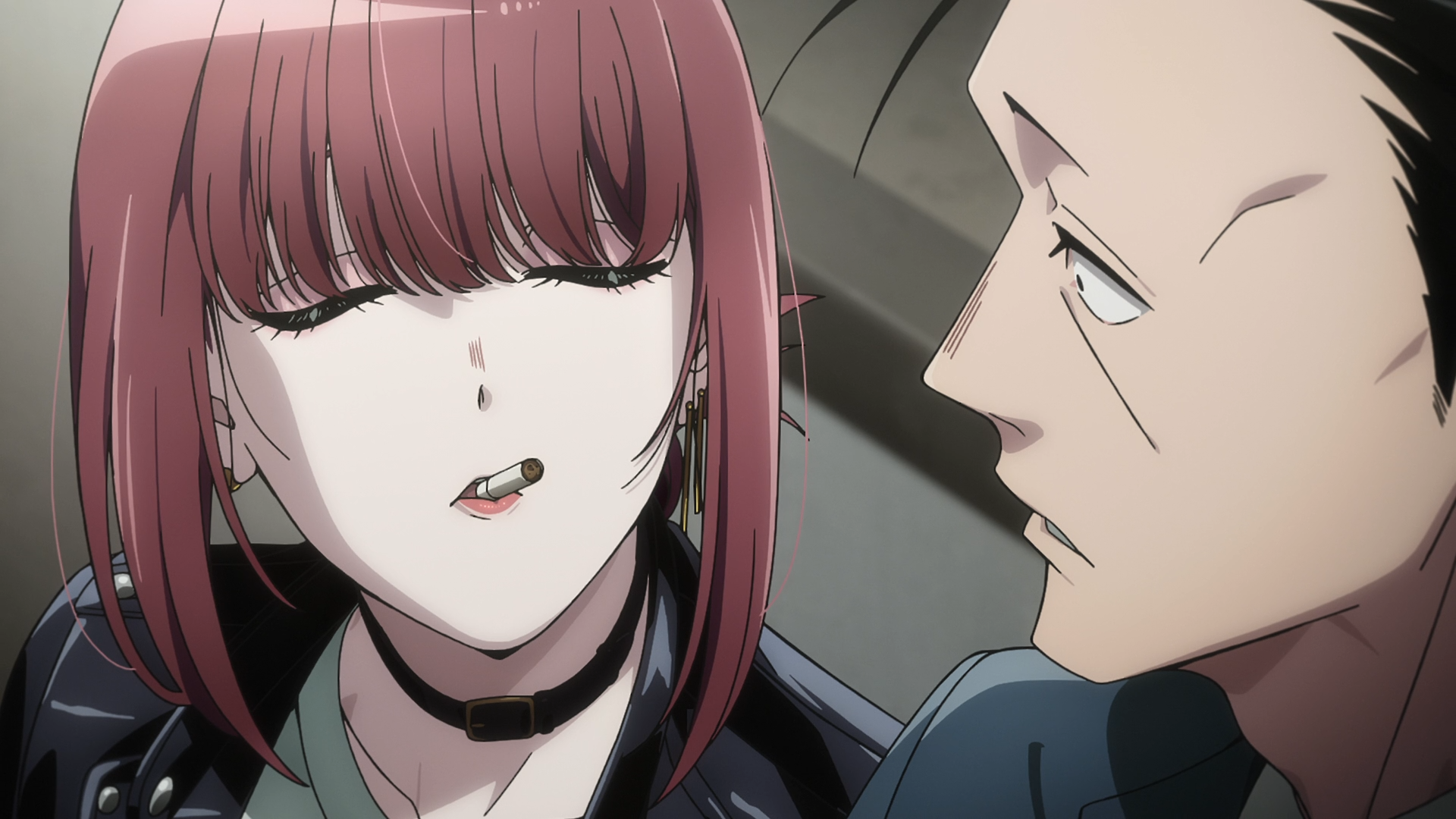 HD PC desktop wallpaper: anime scene from Smoking Behind the Supermarket with You showing Yamada with a cigarette and Sasaki gazing at her, intimate close-up.