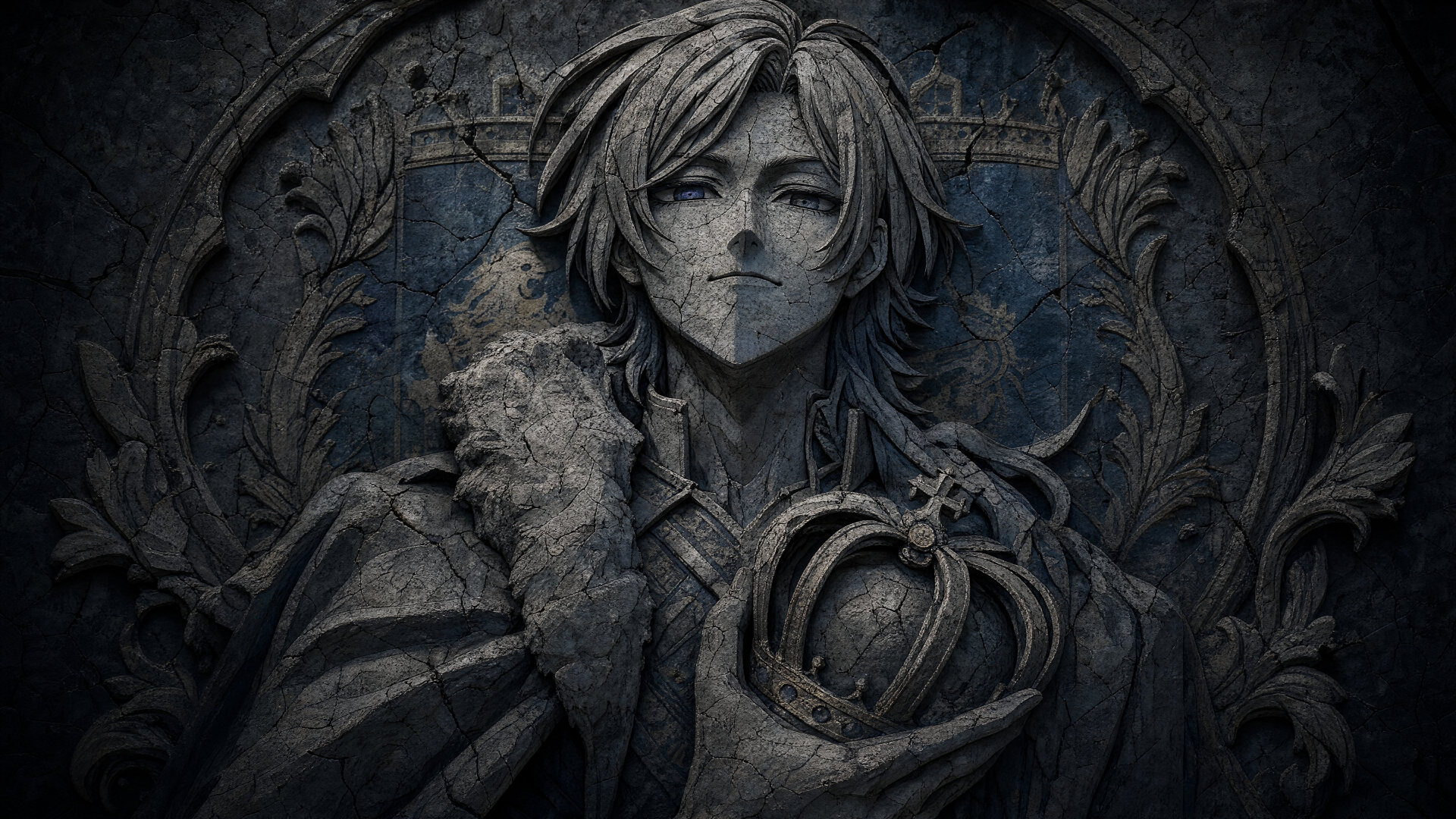 Stone relief of a regal youth clutching a crown amid ornate gothic carvings in moody blue-gray tones — 4K Ultra HD PC desktop wallpaper and background, tagged Miachael Kaiser