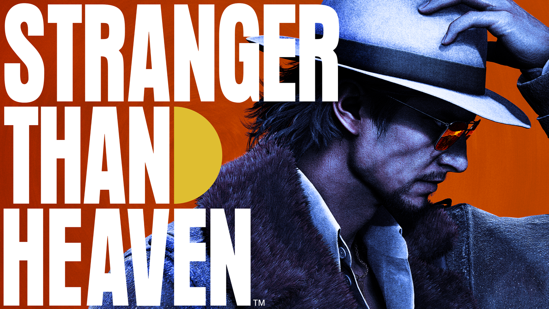 2K Quad HD PC desktop wallpaper for the video game Stranger Than Heaven: profile of a fedora-wearing, fur-collared man in sunglasses against an orange backdrop with bold white title text.